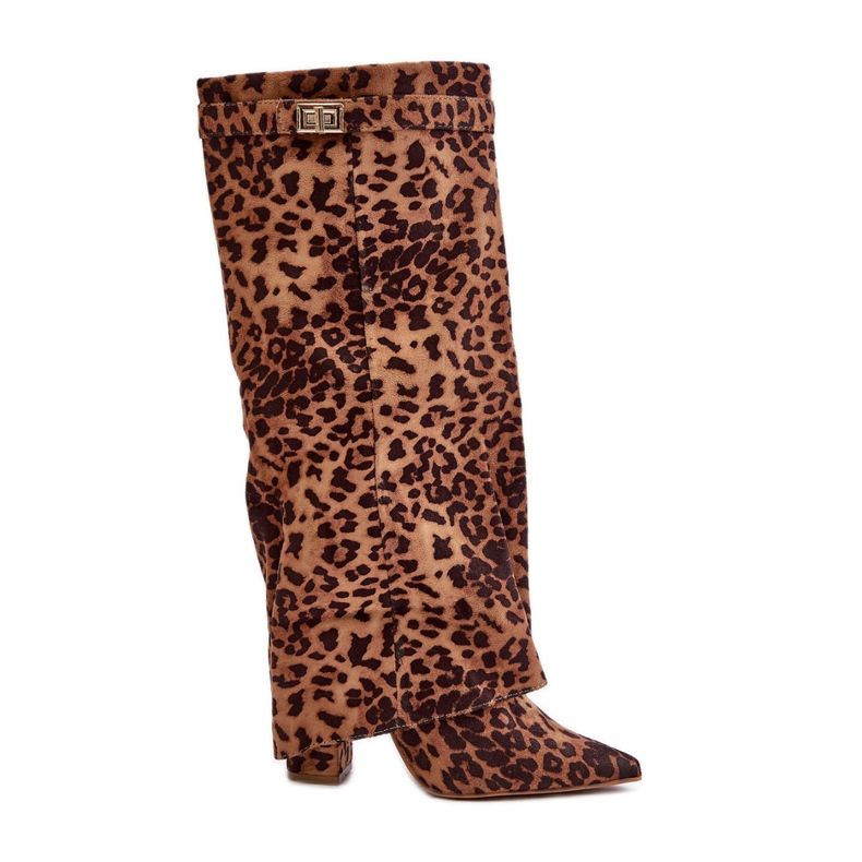 Botas femininas acima do joelho, marrom leopardo, Portora castanho