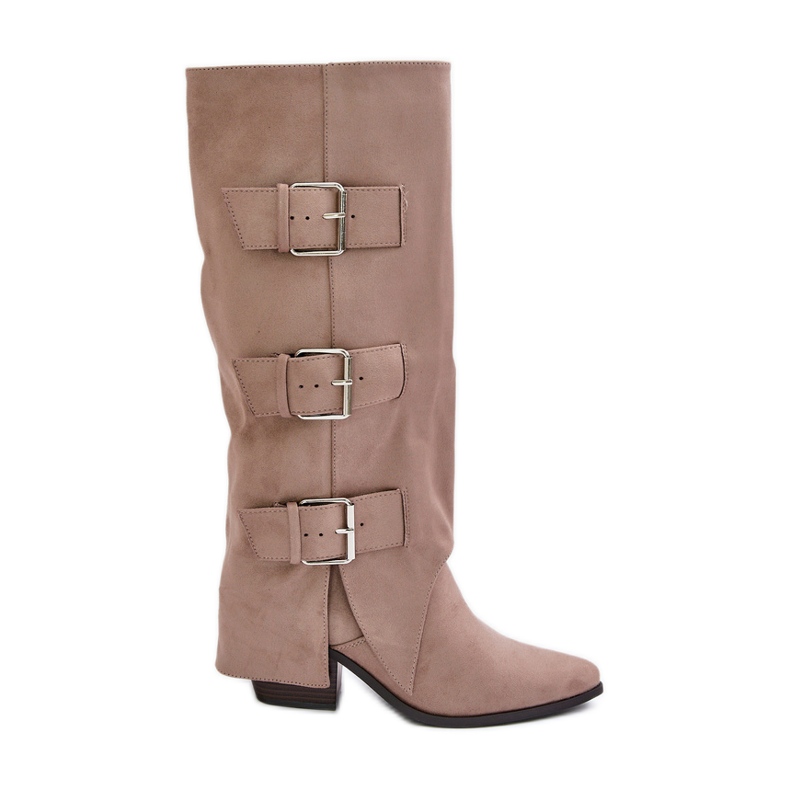 Botas bege de salto alto com parte superior virada para cima e fivelas, Bege Vmissa Botas bege de salto alto com parte superior virada para cima e fivelas, Bege Vmissa
