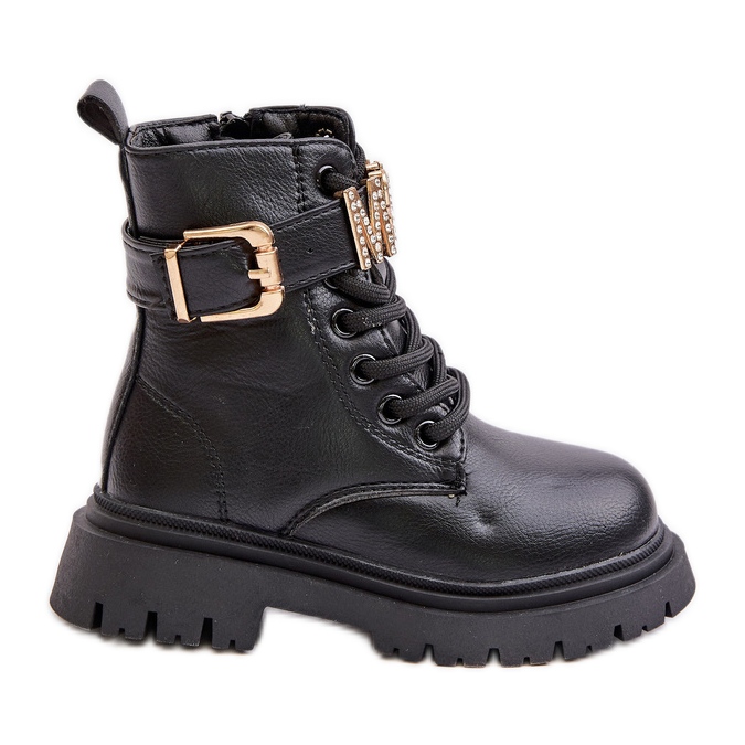 Botas quentes de couro ecológico para meninas com alça decorativa, pretas Gilian preto Botas quentes de couro ecológico para meninas com alça decorativa, pretas Gilian preto
