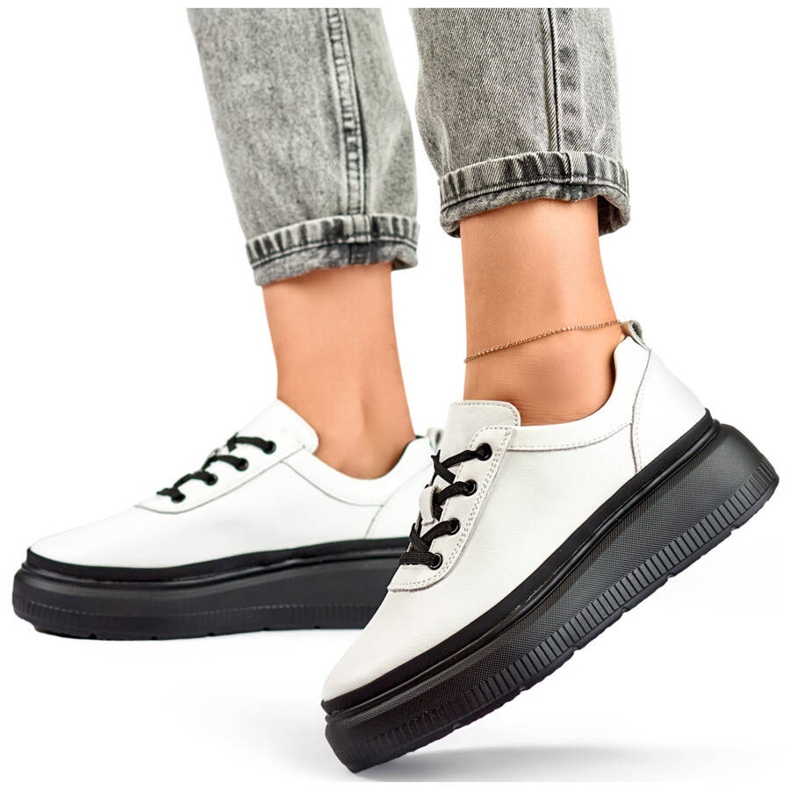 Goodin Tênis feminino de couro com sola plataforma preta, branco GD-XF-120A-W