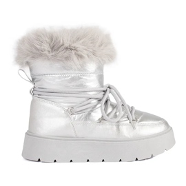 Botas de neve femininas prateadas com pele e sola grossa prata