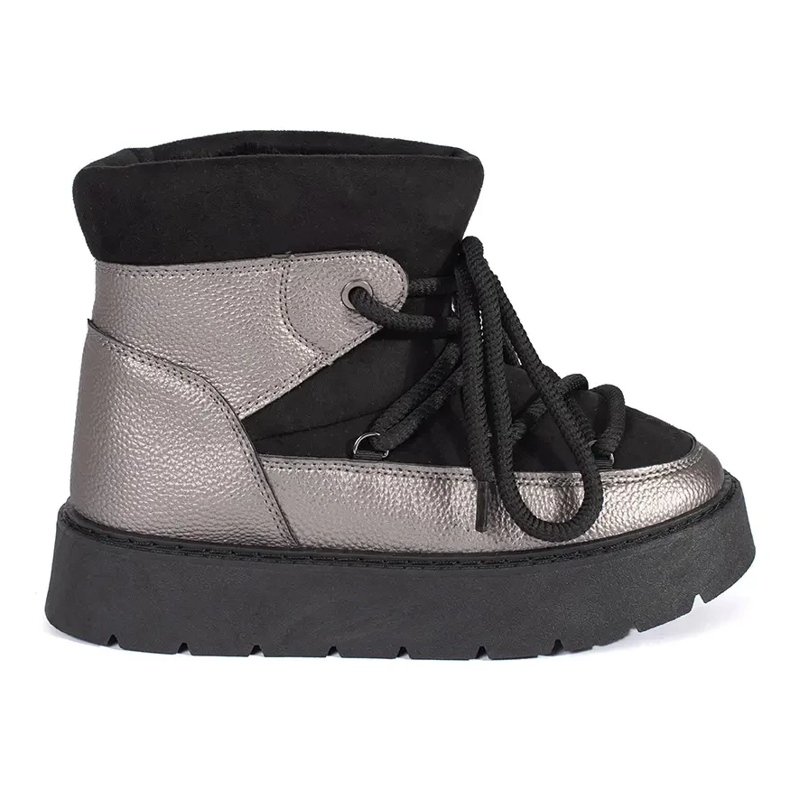 Botas femininas de neve pretas e prateadas com atacadores e sola grossa preto
