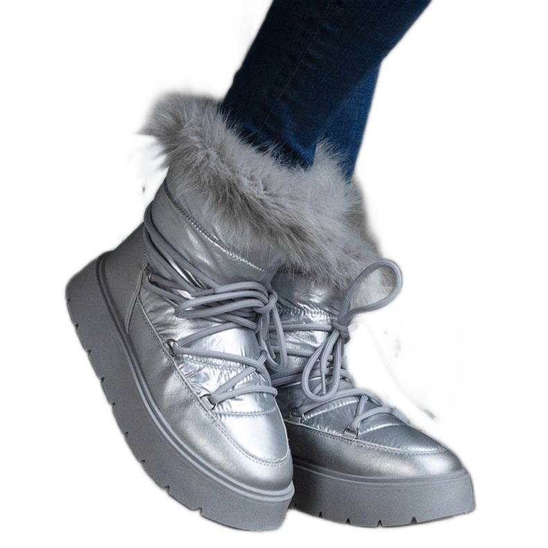 Botas de neve femininas com isolamento prateado e pele prata