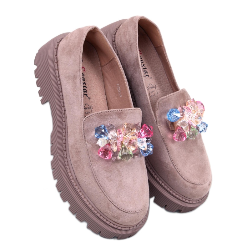 Seastar Mocassins femininos plataforma com pedras bege-cáqui