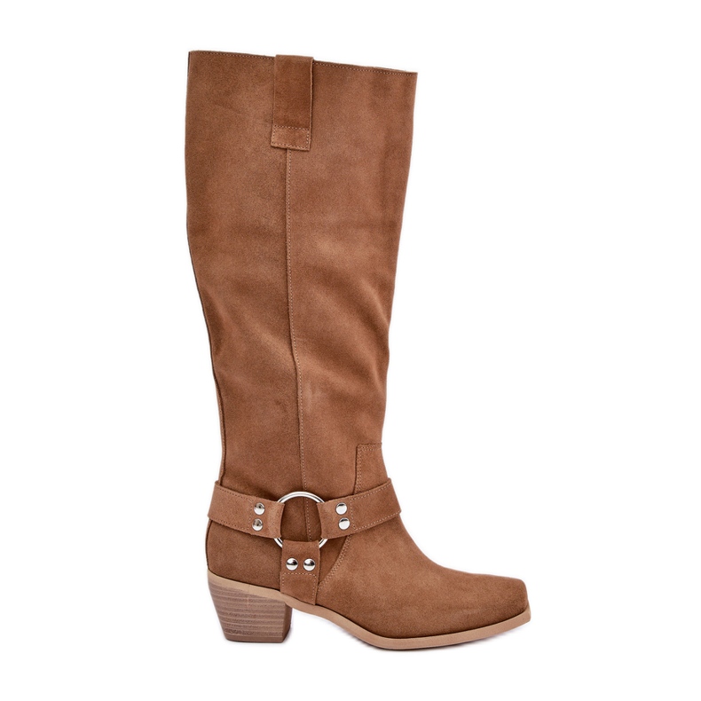 Botas de camurça com salto baixo e acima do joelho Zazoo 3444/O Camel castanho