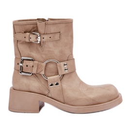 Botas femininas de couro com salto baixo e alças Zazoo 3644 bege Botas femininas de couro com salto baixo e alças Zazoo 3644 bege