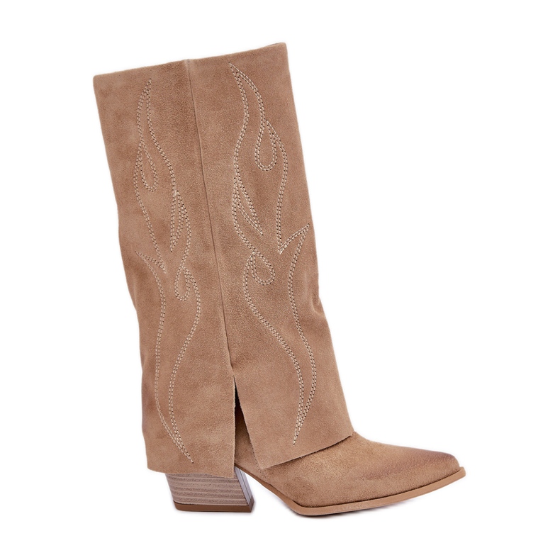 Botas de cano médio em camurça com salto superior virado bege Zazoo 3487 Botas de cano médio em camurça com salto superior virado bege Zazoo 3487