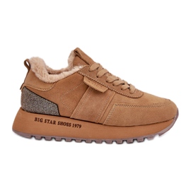 Tênis feminino de camurça com pele e elemento brilhante Big Star OO274578 Hi-Poly System Camel marrom