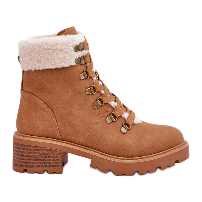 Botas femininas de pele de carneiro com salto baixo camelo castanho