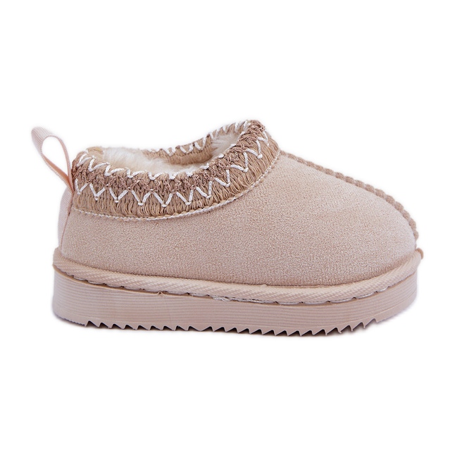 Botas infantis de neve na plataforma, forradas com pele, bege claro