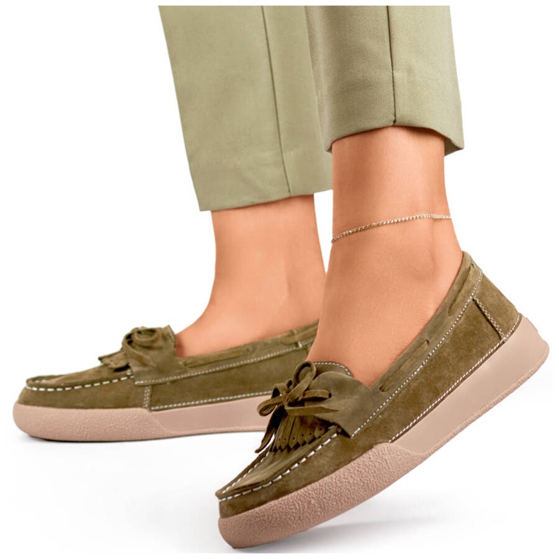 Mocassins femininos de couro verde cáqui Goodin GD-SW4005KH