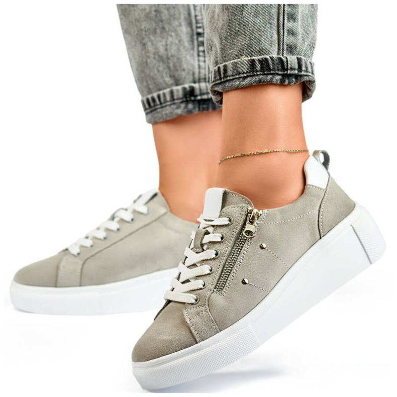 Goodin Calçado esportivo feminino de couro na plataforma, cinza GD-LX1001G