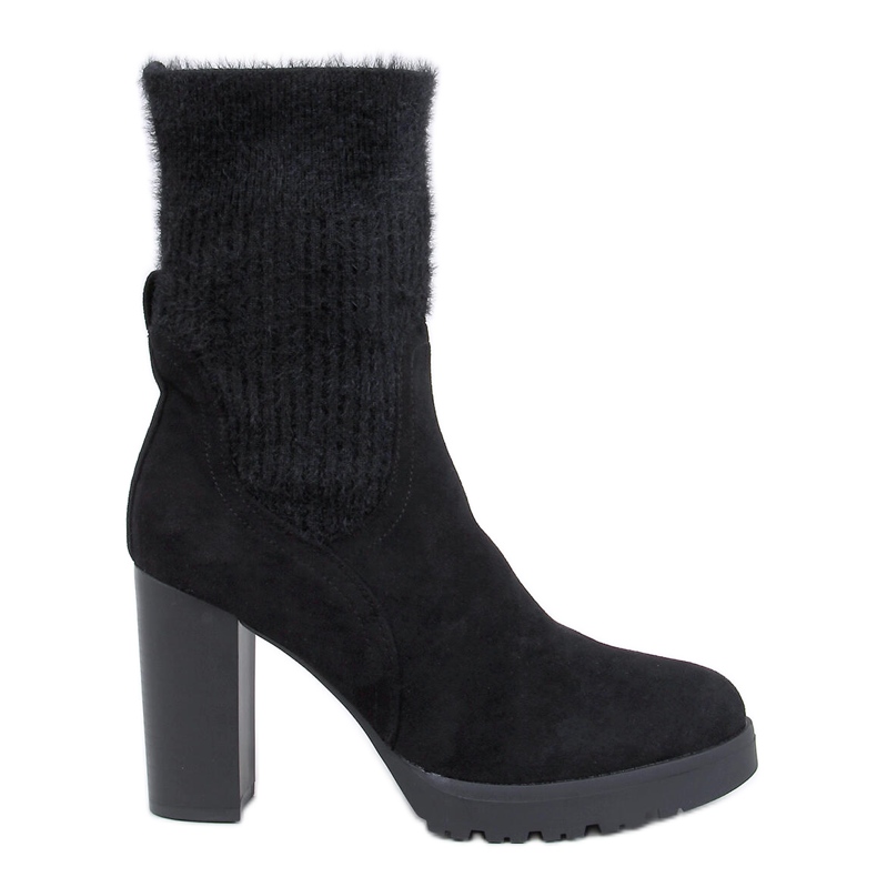 Botins pretos de salto alto com punho elástico