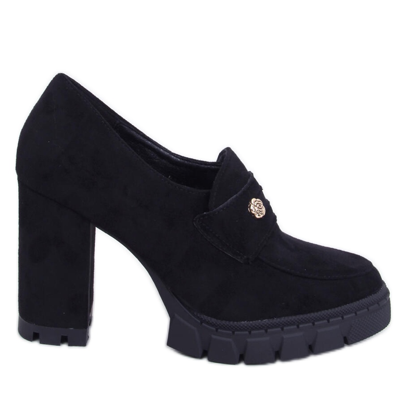 Sapatos femininos de salto alto e plataforma com decoração preto