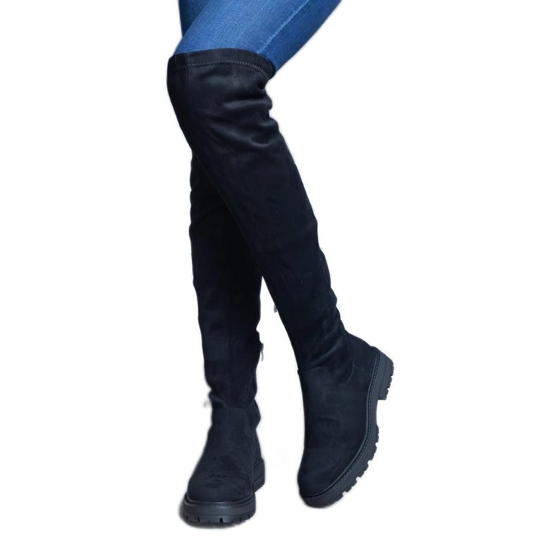 Botas compridas pretas com cano flexível e sola plana preto