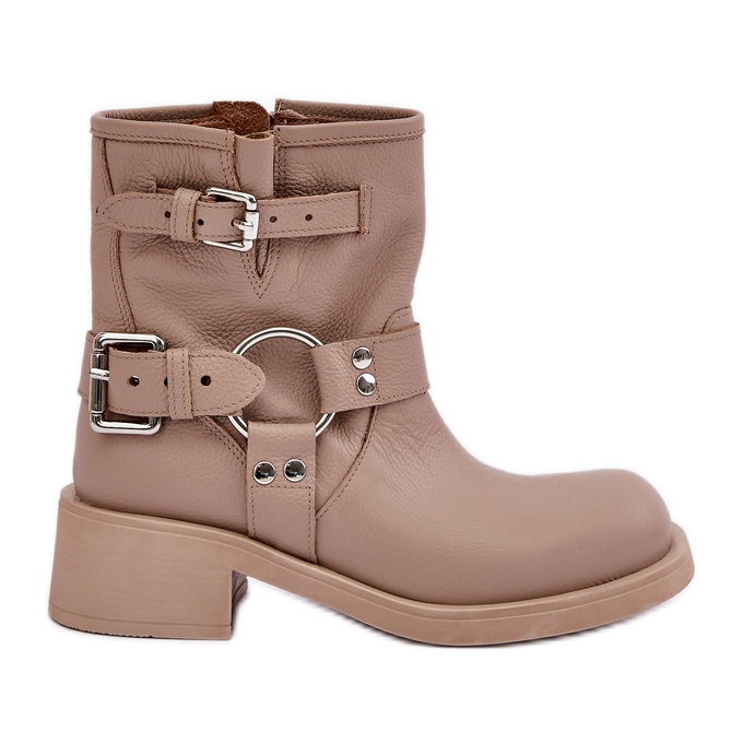 Botas femininas de couro com salto baixo e alças Zazoo 3644 bege