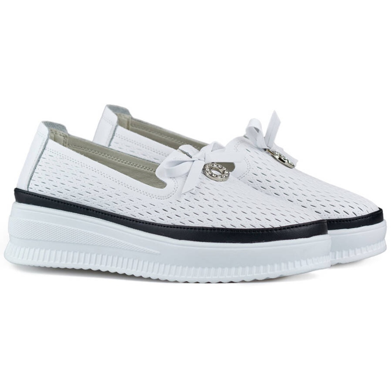 Goodin Sapatos femininos de couro perfurado com sola grossa, branco GD-XF-103W