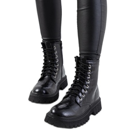 Botins pretos de couro ecológico com atacadores para mulher