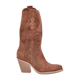 Botas de cowboy marrons vazadas com salto alto marrom