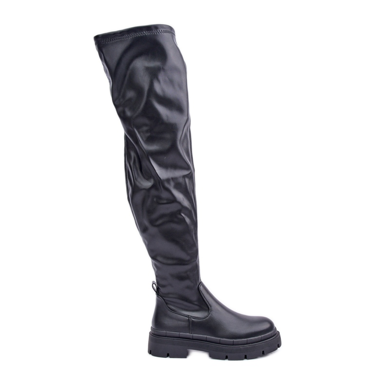 Botas acima do joelho com salto baixo, pretas preto