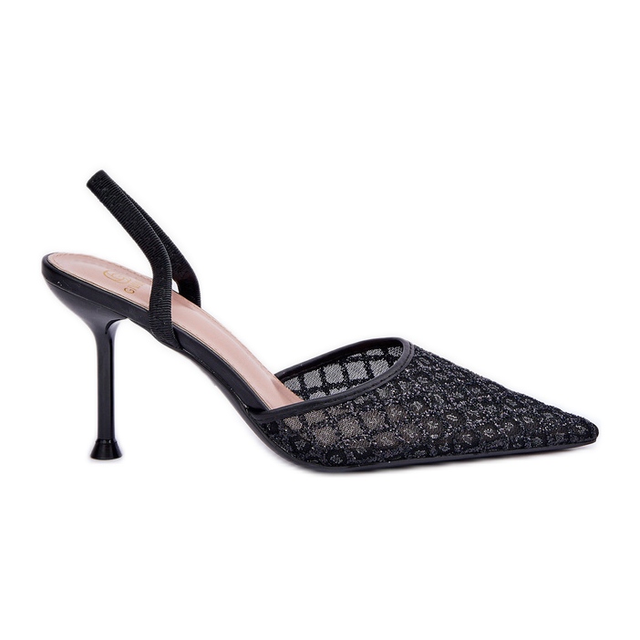 Salto alto com salto aberto decorado com glitter preto