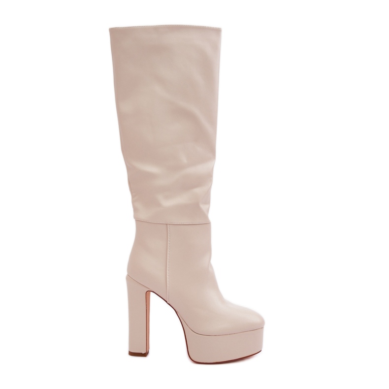 Botas de salto alto e plataforma em couro ecológico bege claro
