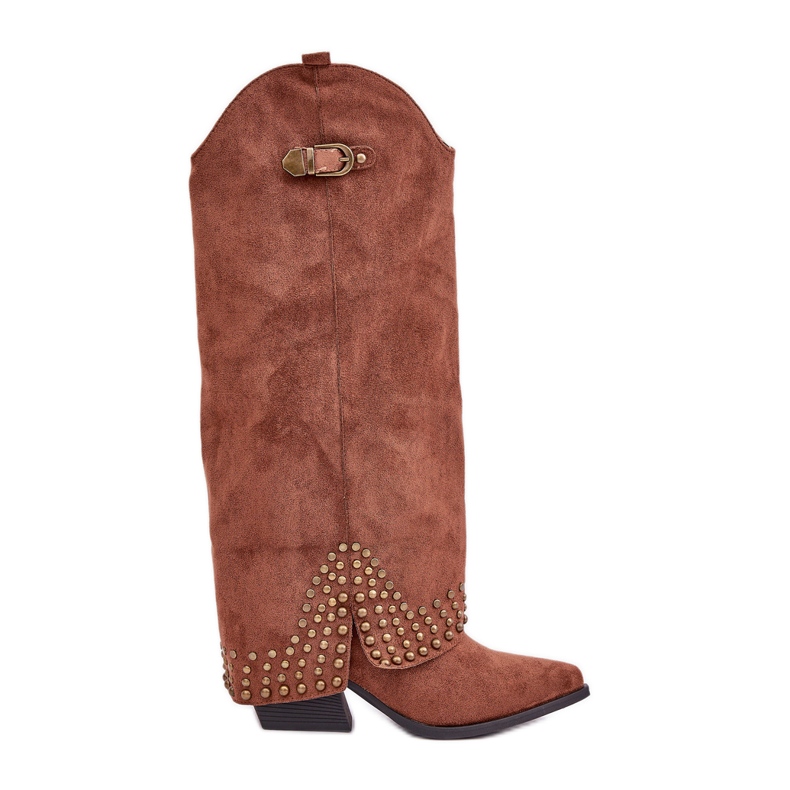 Botas marrons com cano levantado e salto alto castanho