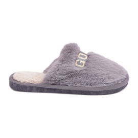 Chinelos femininos com pele e inscrição, cinza