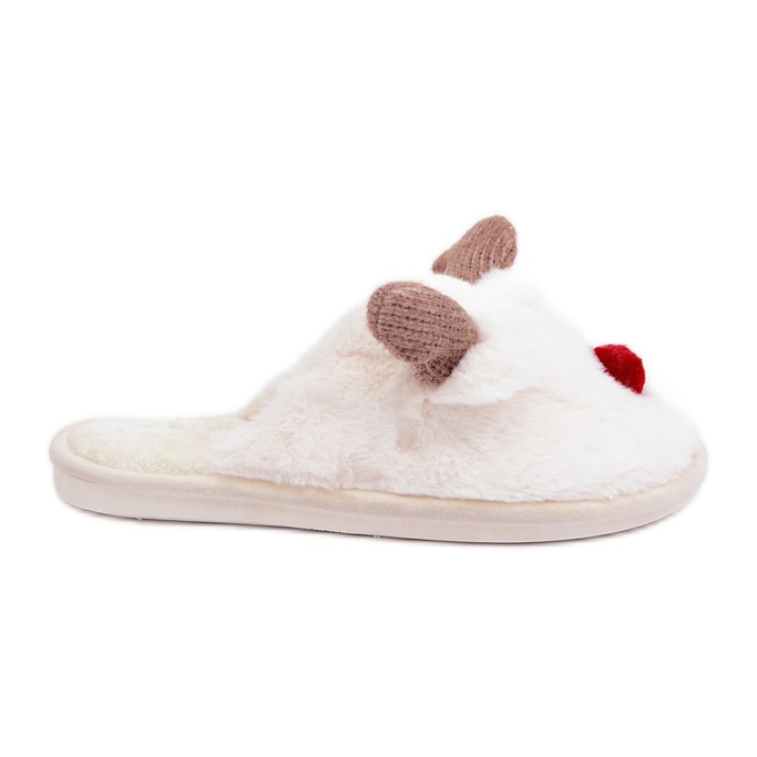 Chinelos femininos de pele com motivo de rena, brancos