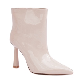 Botas femininas de couro envernizado com salto alto, bege