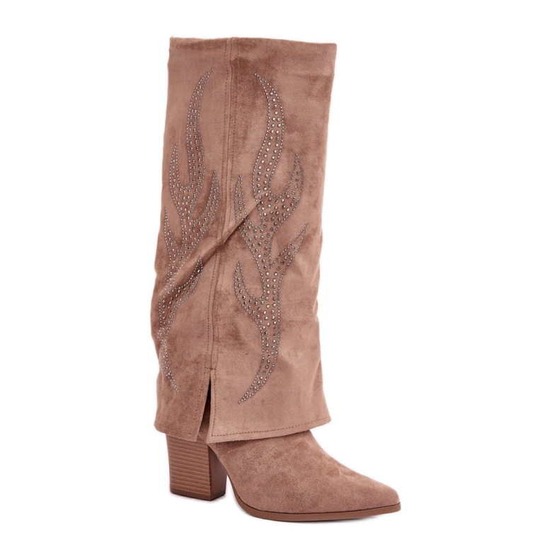 Botas femininas bege com parte superior decorada