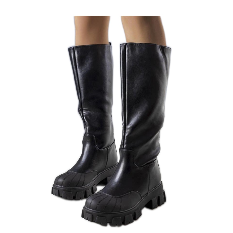 Botas femininas pretas com sola grossa, couro acima do joelho, Vasin - Solea preto