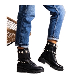 Solea Botins femininos pretos com atacadores e pérolas