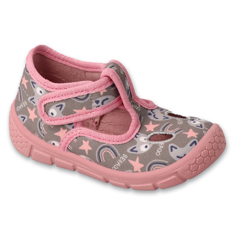 Chinelos infantis Befado rosa e cinza com velcro 630P017 com motivos de animais