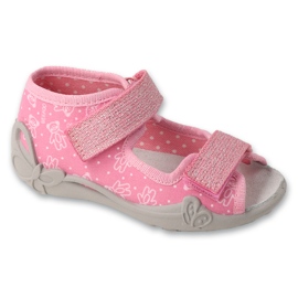 Chinelos infantis Befado com velcro, forro em couro 342P066, rosa