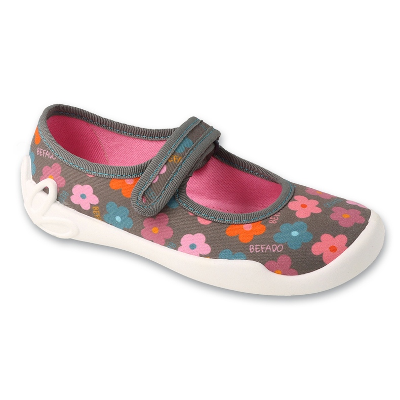 Chinelos infantis Befado com Velcro114Y552, cinza com flores