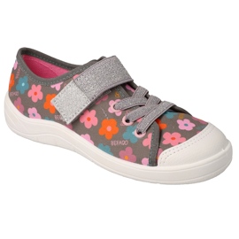 Chinelos infantis Befado com velcro 351Y038, cinza com flores e fio prateado