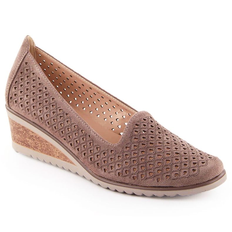 Sapatos femininos de camurça com cunha aberta, marrom, Potocki SZ12306 castanho Sapatos femininos de camurça com cunha aberta, marrom, Potocki SZ12306 castanho