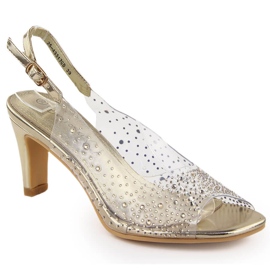 Sandálias femininas transparentes de salto alto com zircões dourados Potocki WS43317