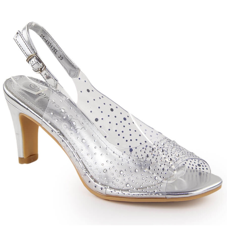 Sandálias femininas transparentes de salto alto com zircões prateados Potocki WS43317 prata