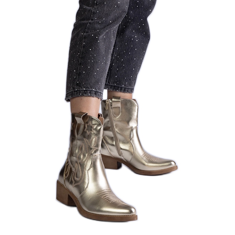 Botas de cowboy femininas douradas com botins metálicos de salto alto dourado Botas de cowboy femininas douradas com botins metálicos de salto alto dourado