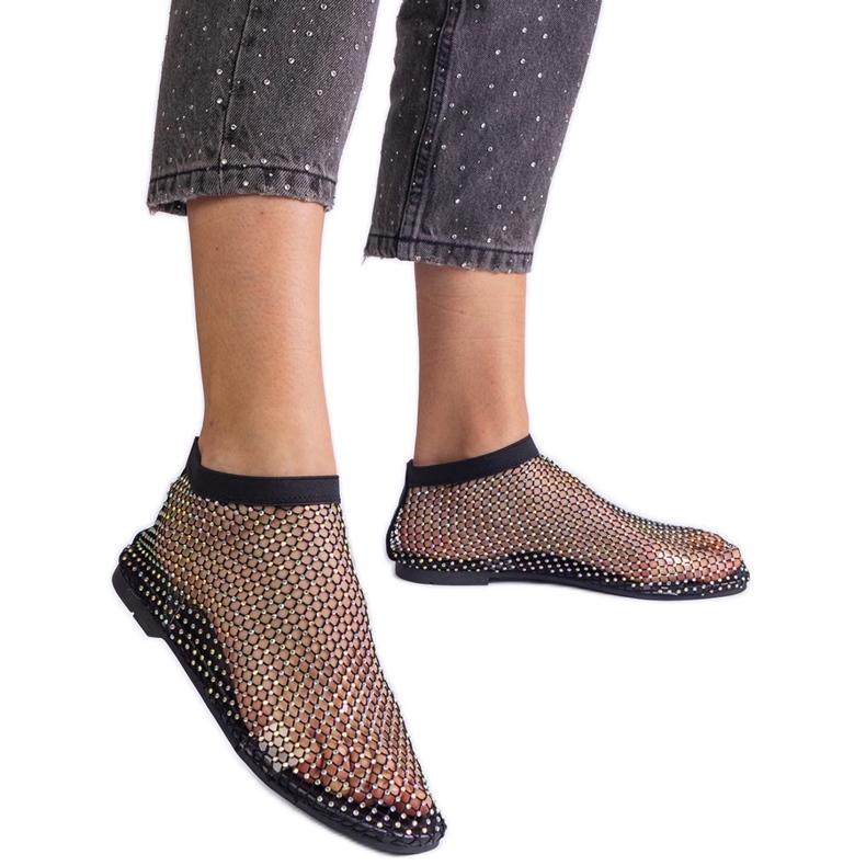 Sandálias de malha preta com zircões preto