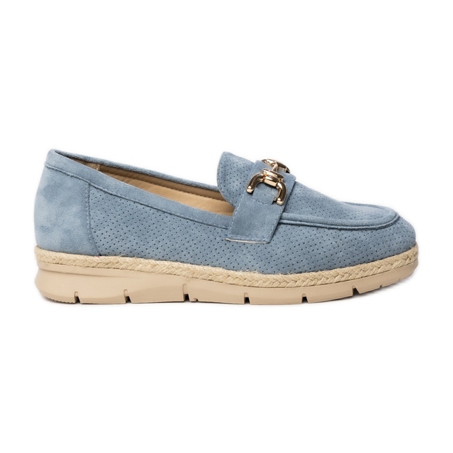 Mocassistas femininos perfurados com uma decoração azul