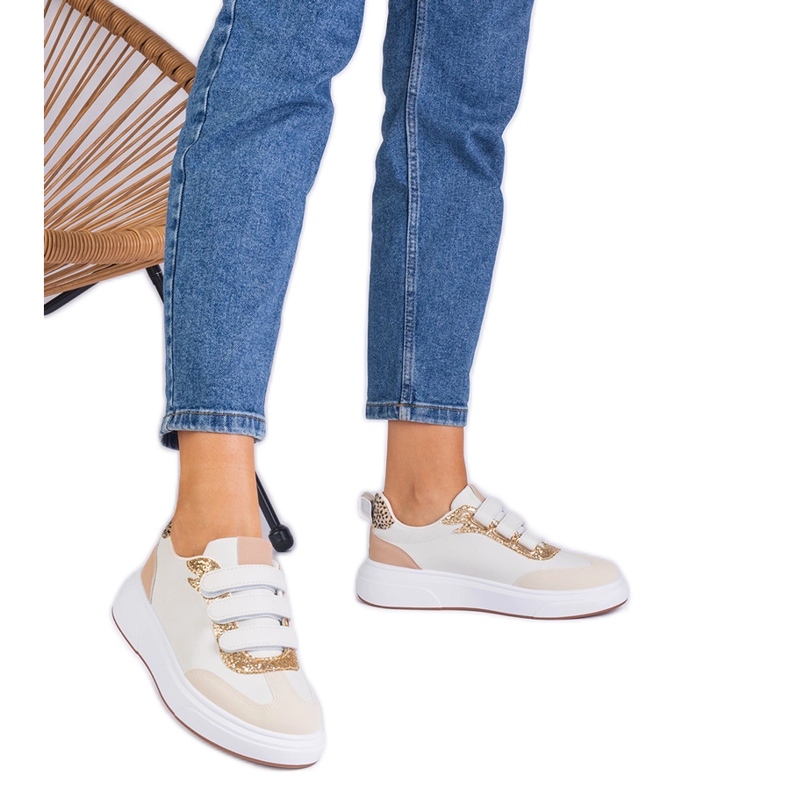 Tênis femininos bege para velcro decorado com glitter