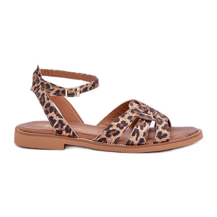 Zazoo Sandálias de couro feminino de salto plano estampa de leopardo 3688 Brown castanho