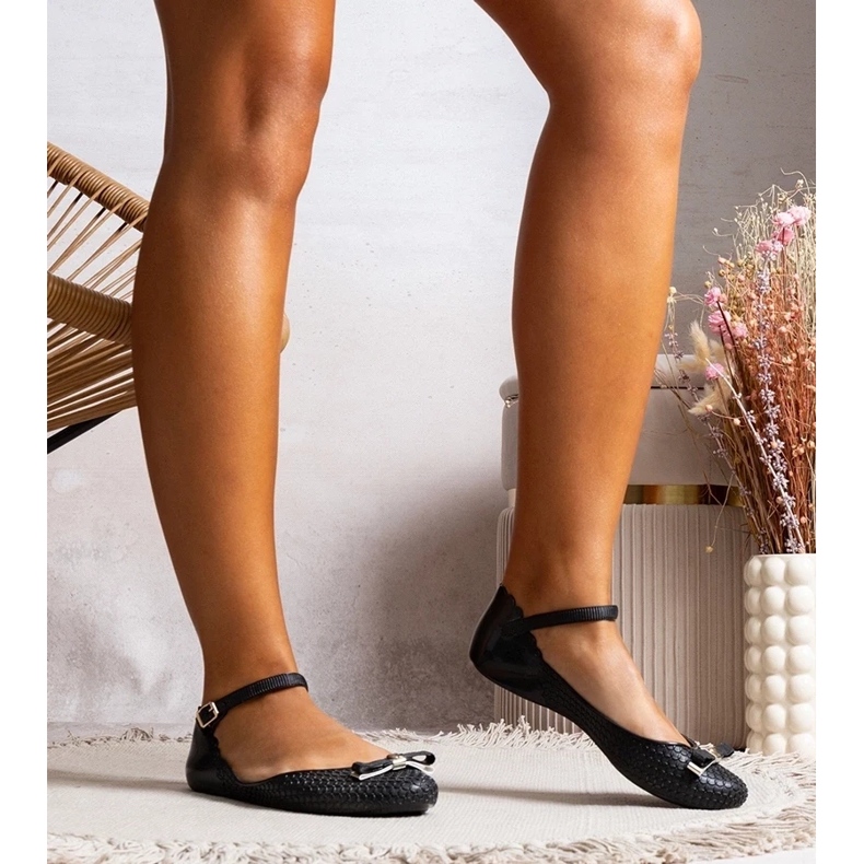 D/GMR Ballerinas negras femininas feitas de borracha com um arco e um fecho preto