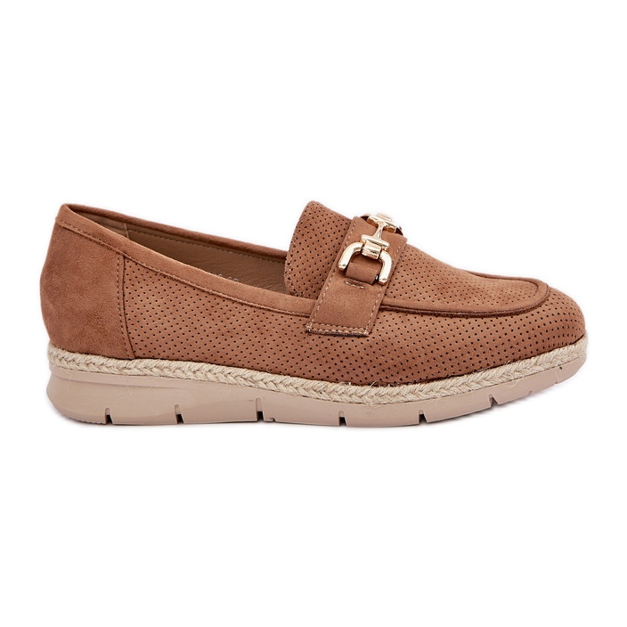 Mocassins OpenWork com detalhes dourados e uma trança marrom de juta castanho Mocassins OpenWork com detalhes dourados e uma trança marrom de juta castanho