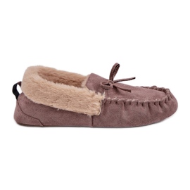 Moccasins Flippers femininos com pêlo escuro bege kleogoria