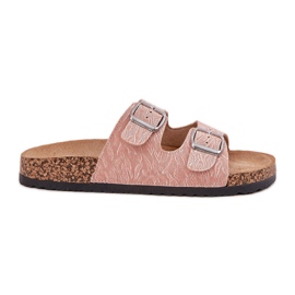 Flip -flops de material em uma sola de cortiça com fivelas rosa