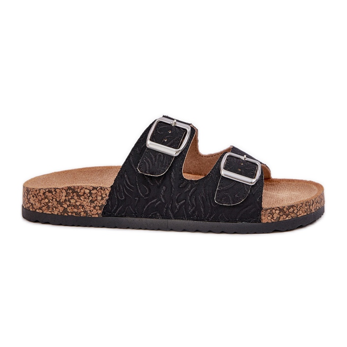 Chinelos de material em uma sola de cortiça com grampos pretos Chinelos de material em uma sola de cortiça com grampos pretos